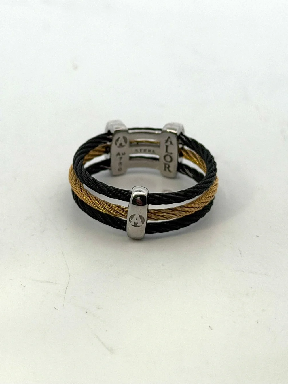 ALOR “Noir” Black & Yellow Stainless Steel Cable Ring size 6